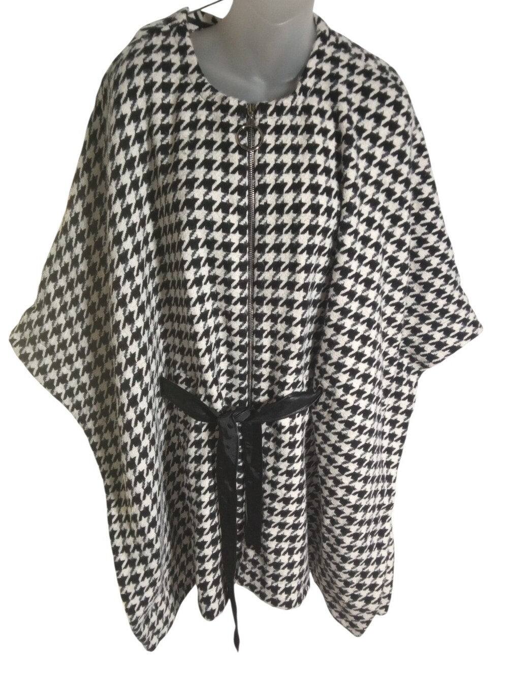 Boston Proper TimeLess Elegant Houndstooth Cape Coat Belted Zip Poncho Wrap M/L - Picture 2 of 6